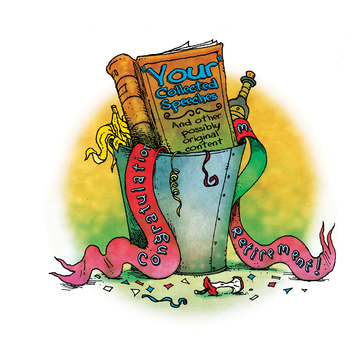 Illustration of a trash bucket filled with a ribbon, champagne and a book