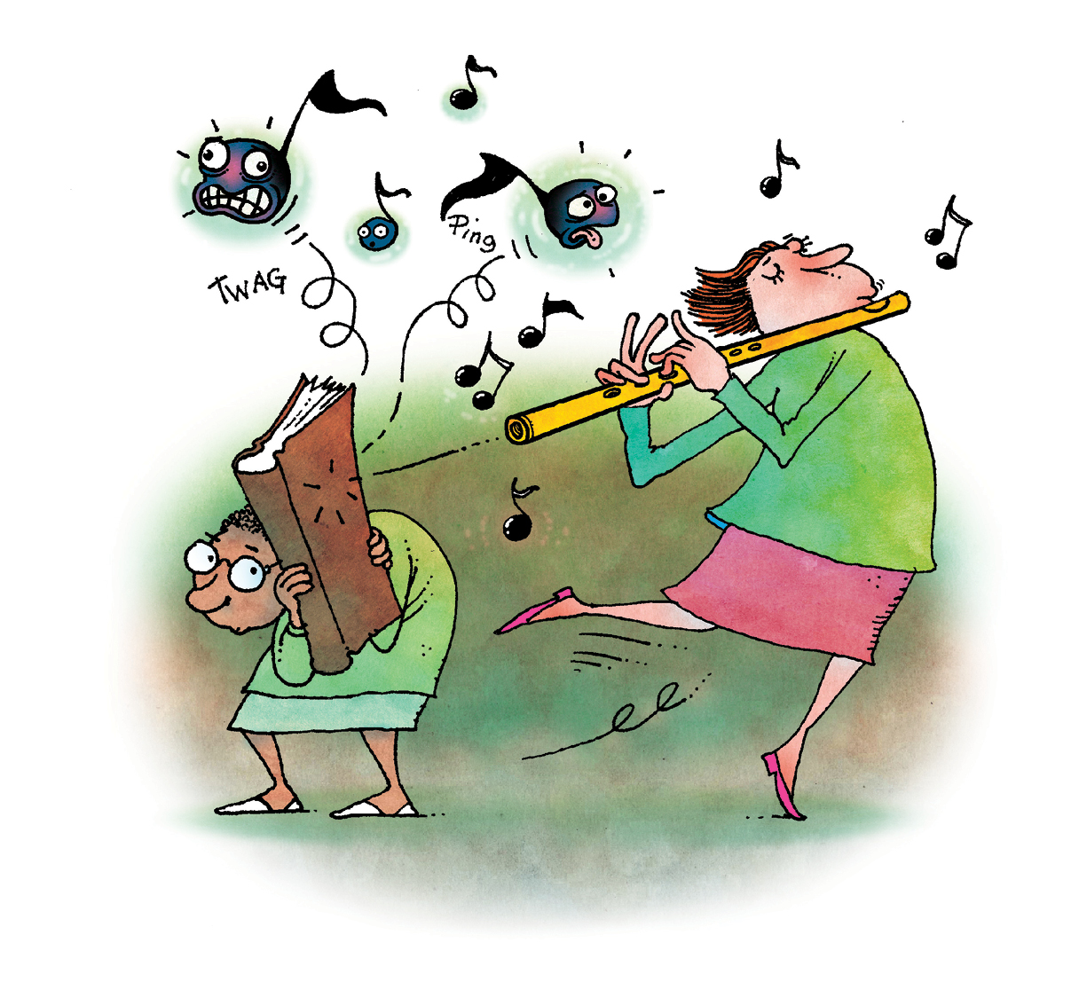 An illustration of a Black woman hiding behind a book while a white woman plays a flute that has music  notes hitting the book