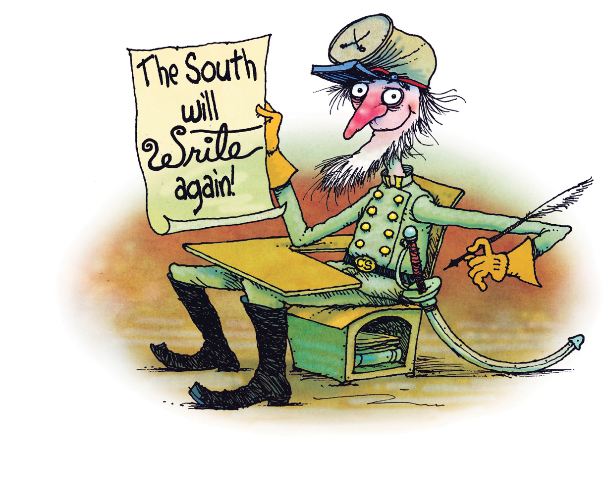 sketch of white man holding up parchment saying 