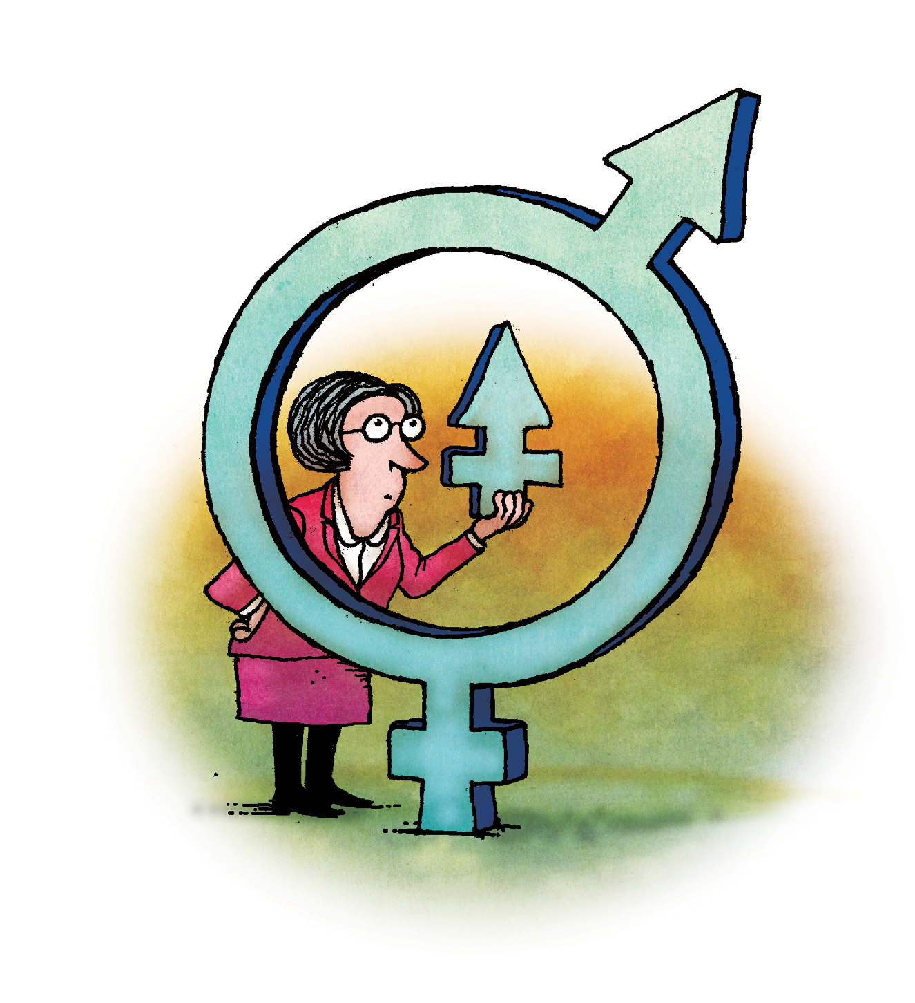 Illustration of a woman standing behind a symbol that is the female and male symbols combined