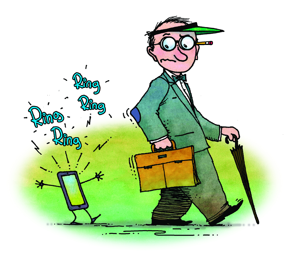 An illustration of a man with briefcase walking away from a cellphone that is ringing