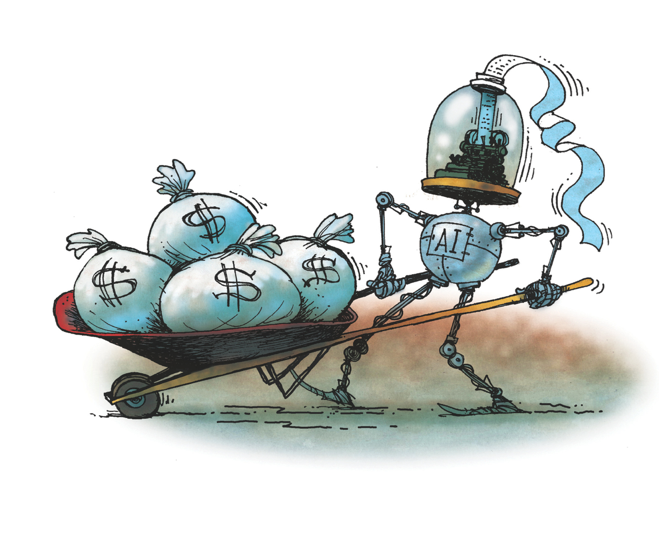 Sketch of robot pushing wheelbarrow full of money bags