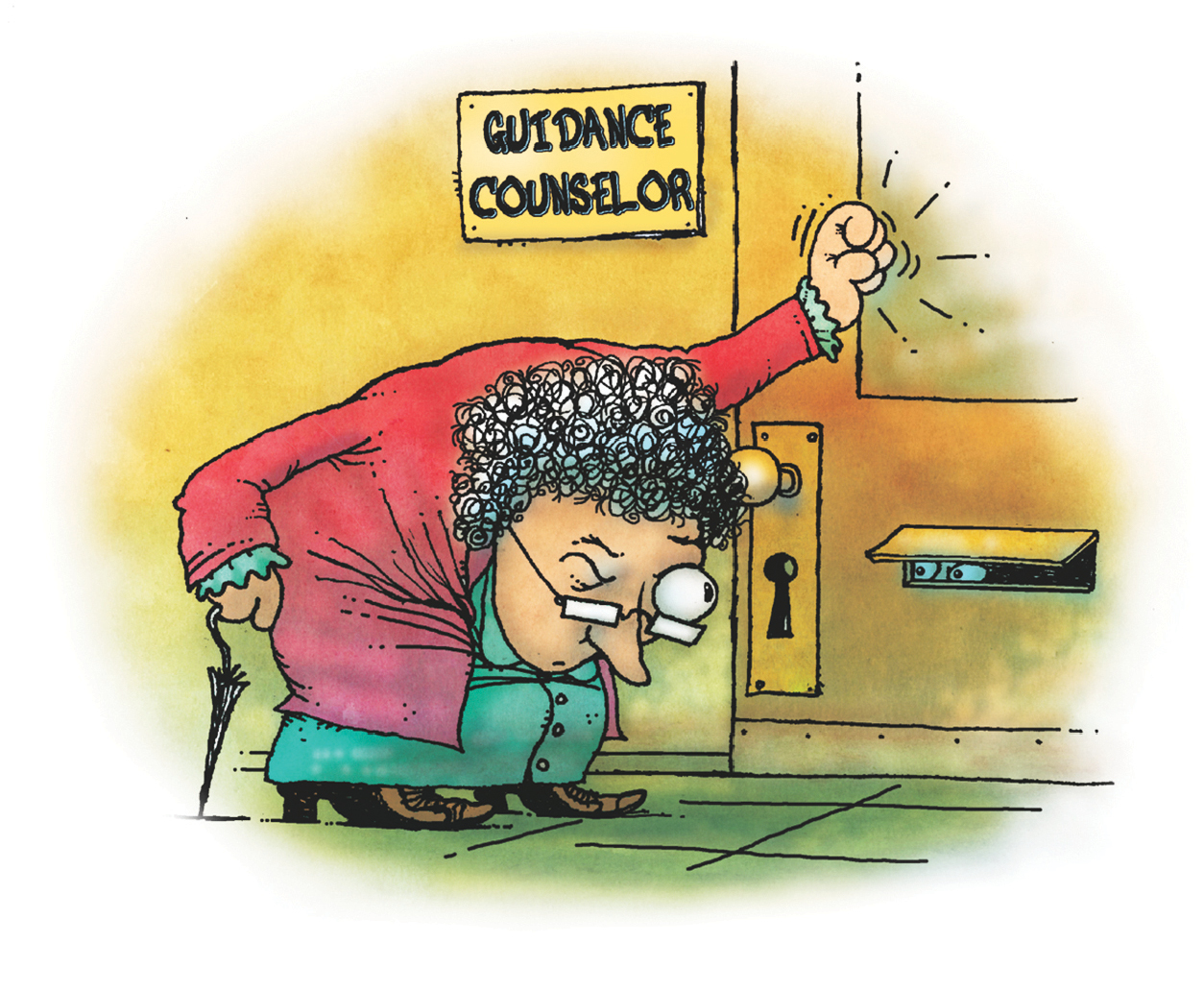An illustration of a grandmother trying to peek through a keyhole in a door