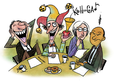 Ethics sketch, jester and other man laughing, two people cringing