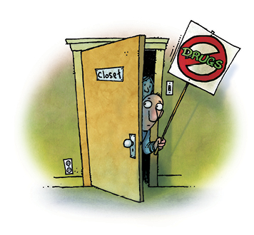 Illustration of man peeking out of closet with sign that says 