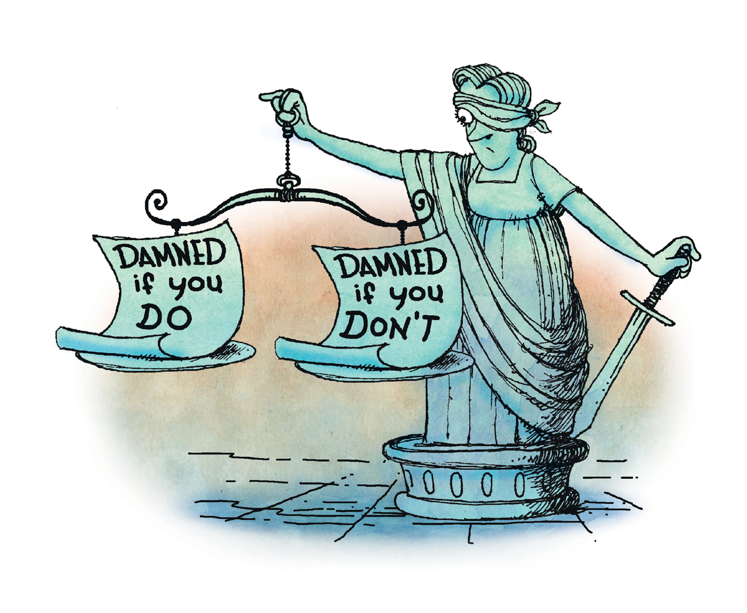 Illustration of lady justice holding scales reading 