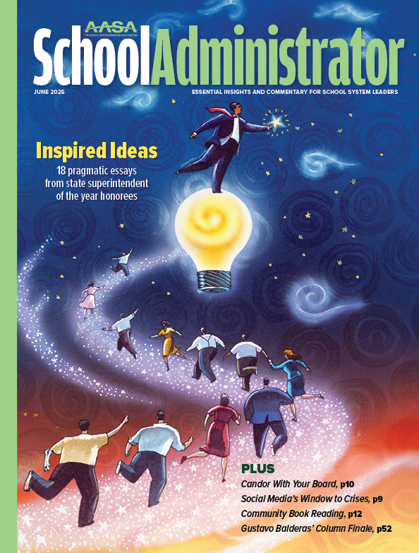 School Administrator June 2025 cover - illustration of several people walking along a milky way strand toward a lightbulb with someone on top