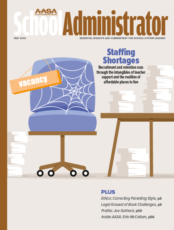 cover of May 2024 school adminsitrator brown and tan with blue vacant chair and cobwebs