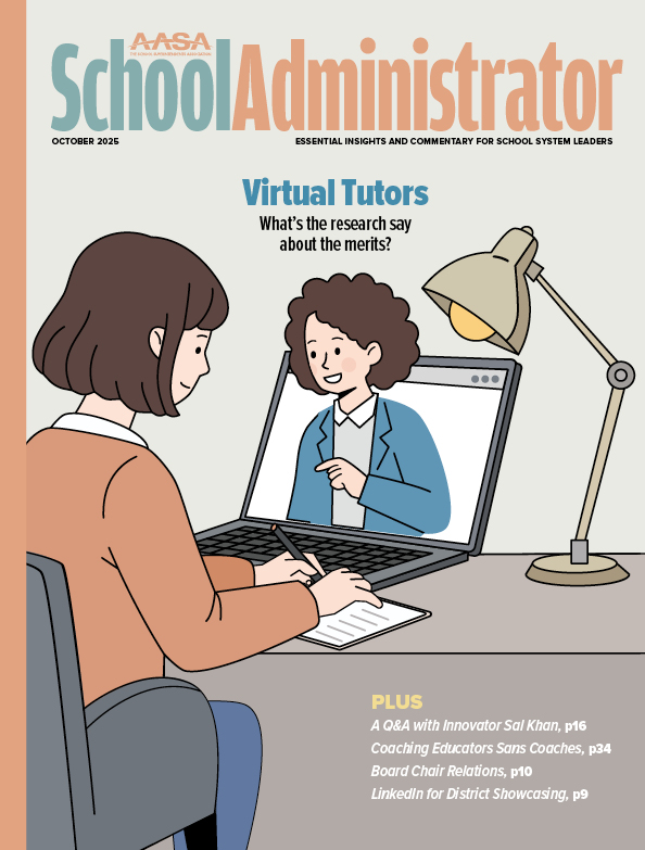 October 2025 cover, illustration of a person coming out of laptop with another person sitting at desk