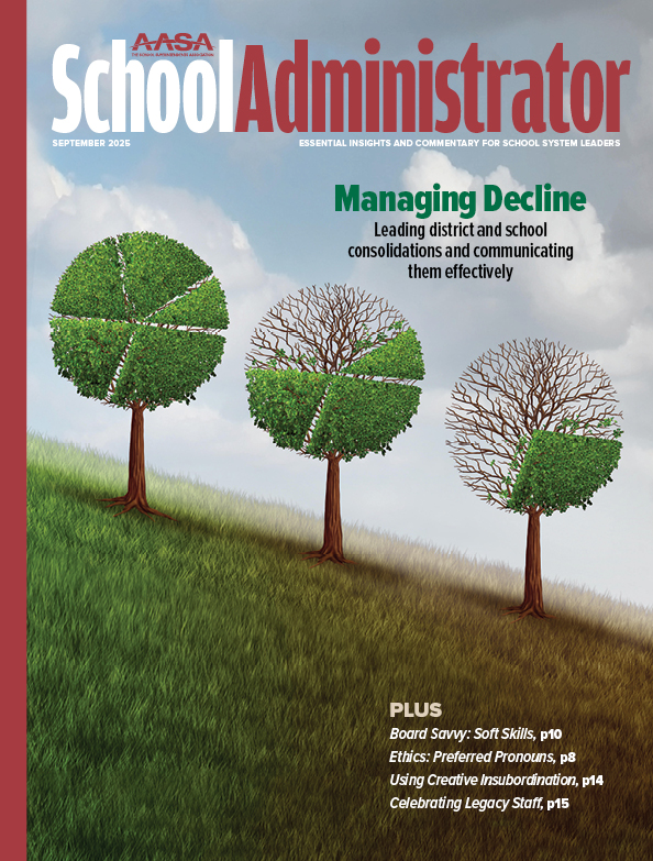Cover of School Administrator September 2025 illustration of trees going downhill fading