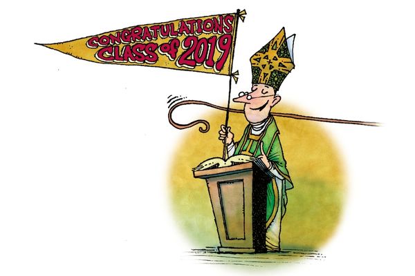 Cartoon depicting pastor about to get pulled off stage by a hook