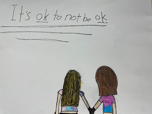 Student art showing two people holding hands with their backs turned and text