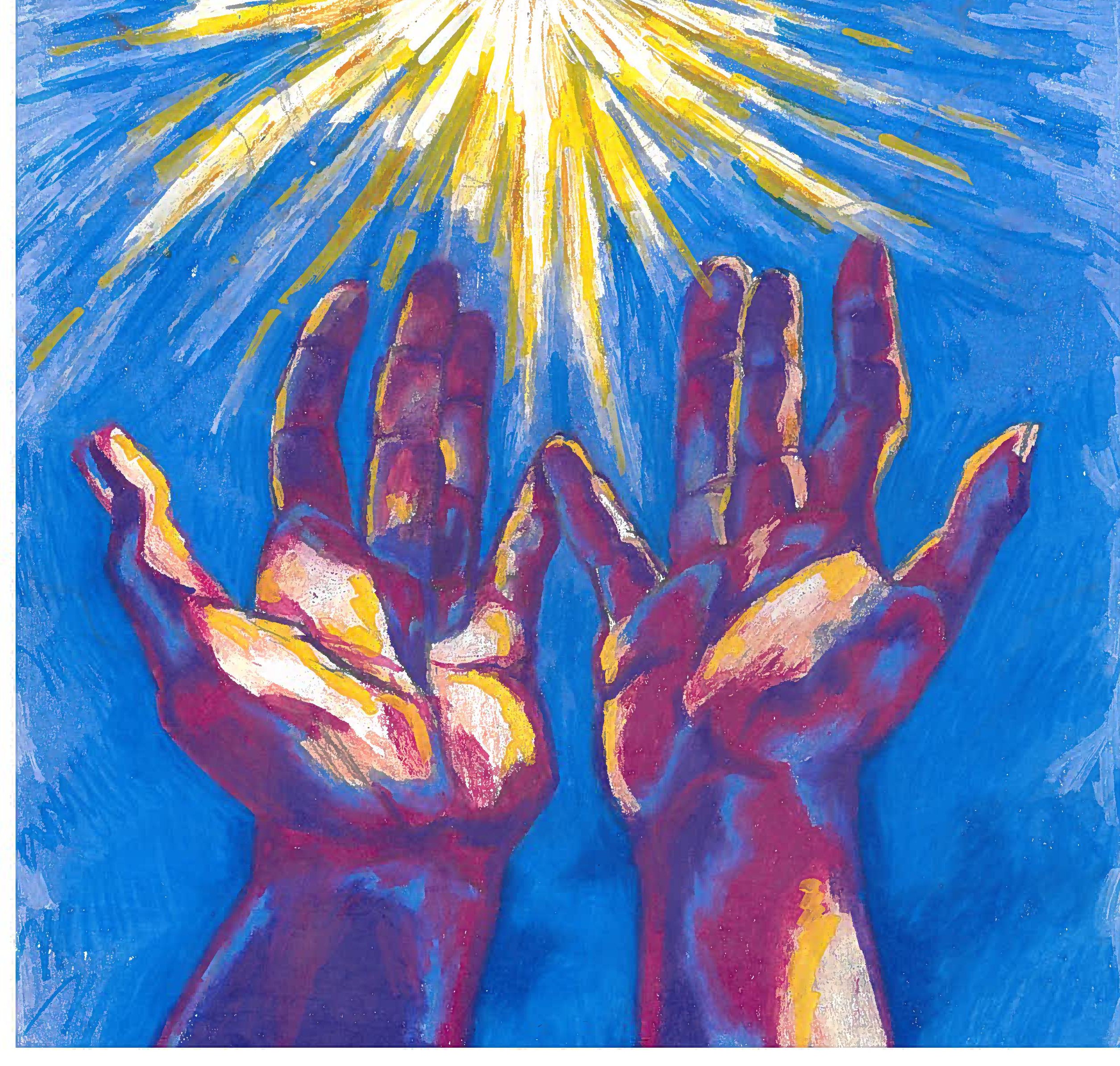 Student art by Jayla Walker of two hands lifted up to light