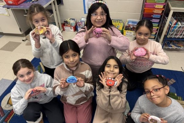 Vineland students with painted rocks
