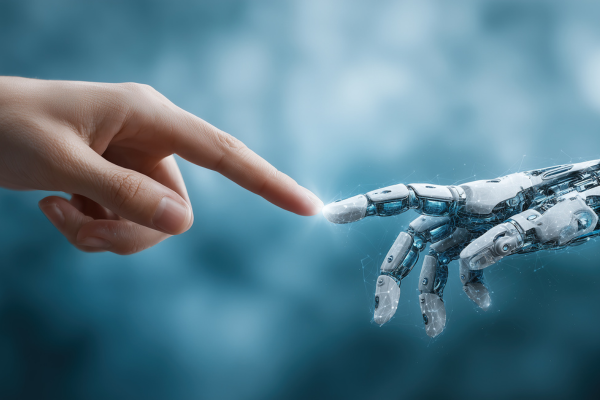 human hand touching fingers with robot hand