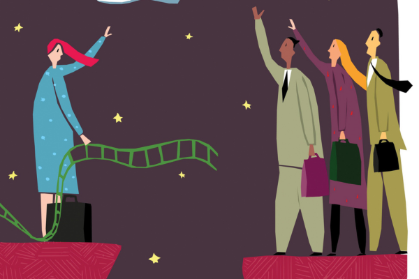 People across broken ladder illustration