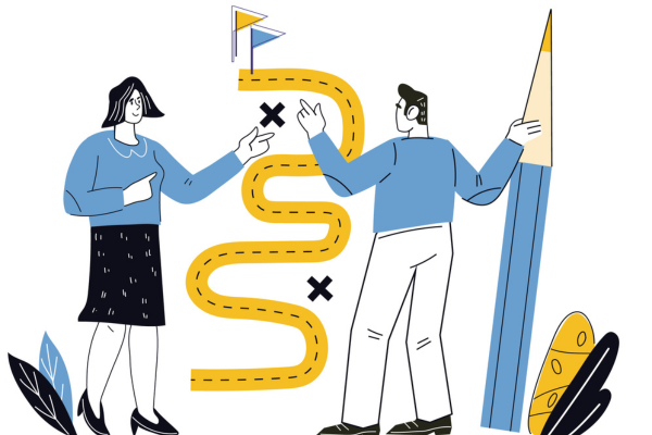 Illustration of man and woman looking at road curving