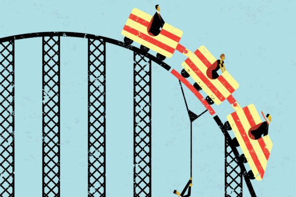 Illustration of roller coaster going downhill with someone fixing the track