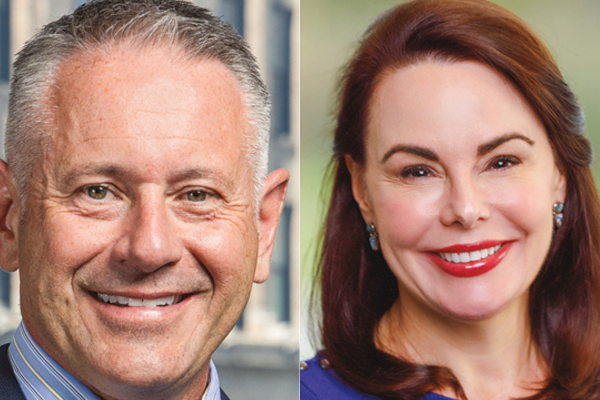 A man with gray hair headshot on the left, a woman with chestnut hair smiling headshot on the right