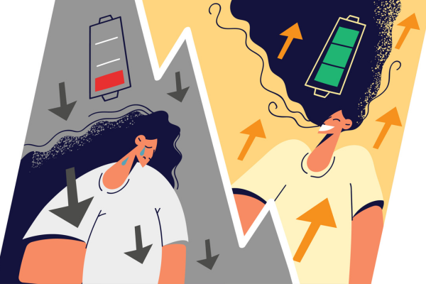 Illustration of battery and woman being low charge and high charge