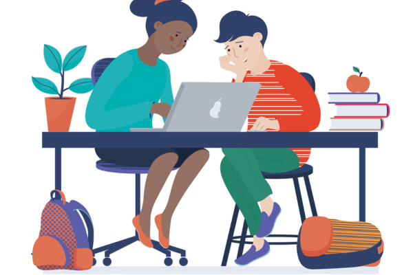 illustration of tutor at desk with student