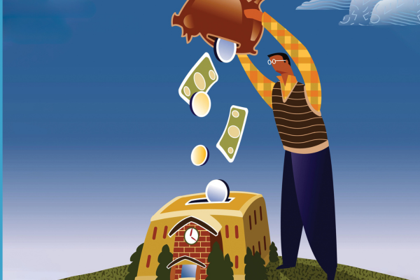Man pouring piggy bank contents into school building illustration