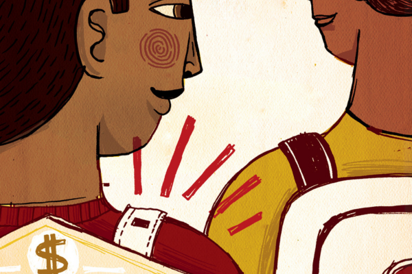 Illustration of teenagers carrying backpacks with dollar signs