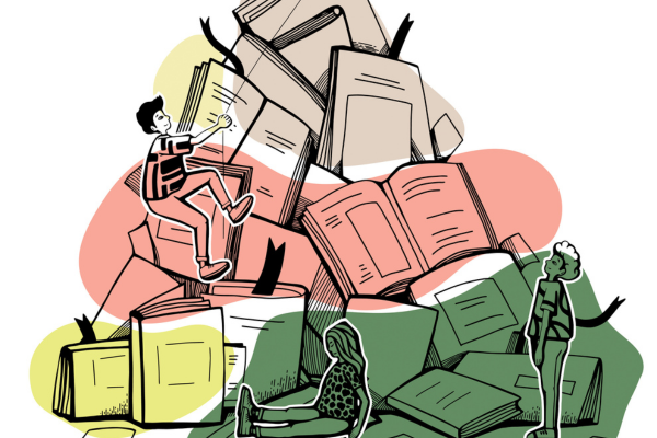 Illustration of students climbing large pile of books