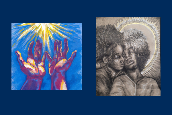 Two art pieces by a student artist in residence, Jayla Walker
