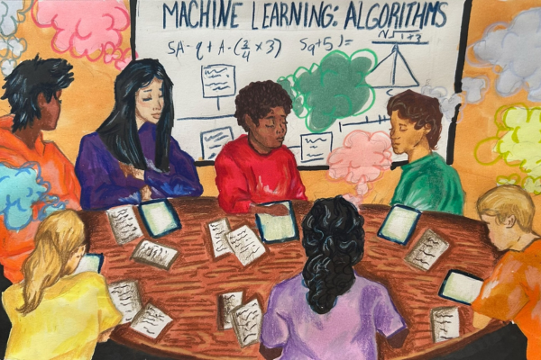 Student art piece of students sitting at a table with both a tablet and papers.