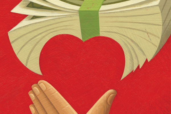 Money stack and hand forming heart illustration