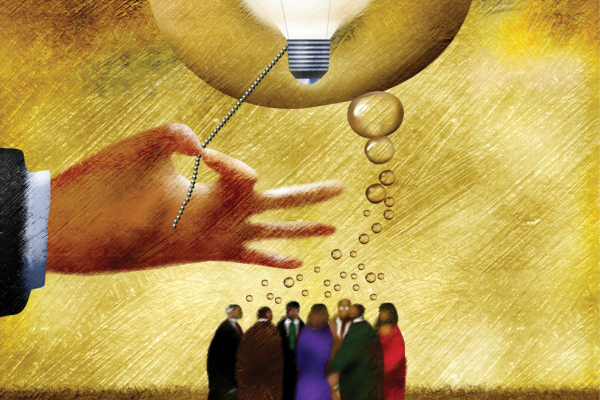 Illustration of group of people with lightbulb bubble above them