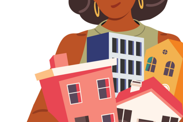 Illustration of multiple school buildings wrapped in someone's arms