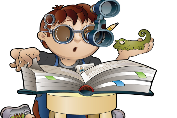 Illustration of young kid reading book and looking at lizard through microscope