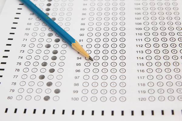 Scantron test with bubbles filled out and a pencil