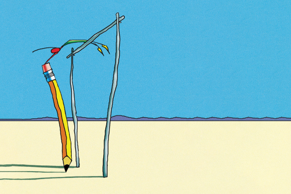 Illustration of a stick figure jumping over a hurdle using a pencil